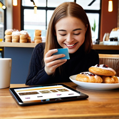 Home 11 **A person happily comparing different credit cards and offers on a tablet, with coffee and pastries nearby, in a modern cafe setting. Focus on the bright colors and positive vibe of saving money.**