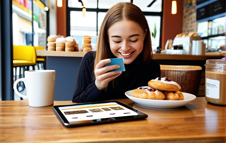 **A person happily comparing different credit cards and offers on a tablet, with coffee and pastries nearby, in a modern cafe setting. Focus on the bright colors and positive vibe of saving money.**
