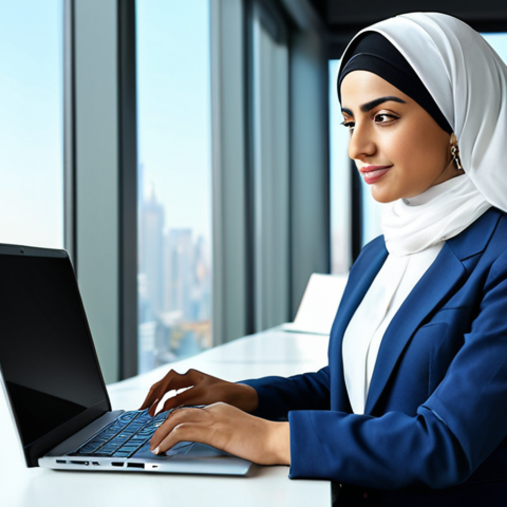 Modern Professional**

"A successful Arab businesswoman in a modern, tailored business suit, working on a laptop in a bright, contemporary office with city views. Fully clothed, modest professional attire, safe for work, perfect anatomy, natural pose, high-resolution, professional photography, appropriate content."

**