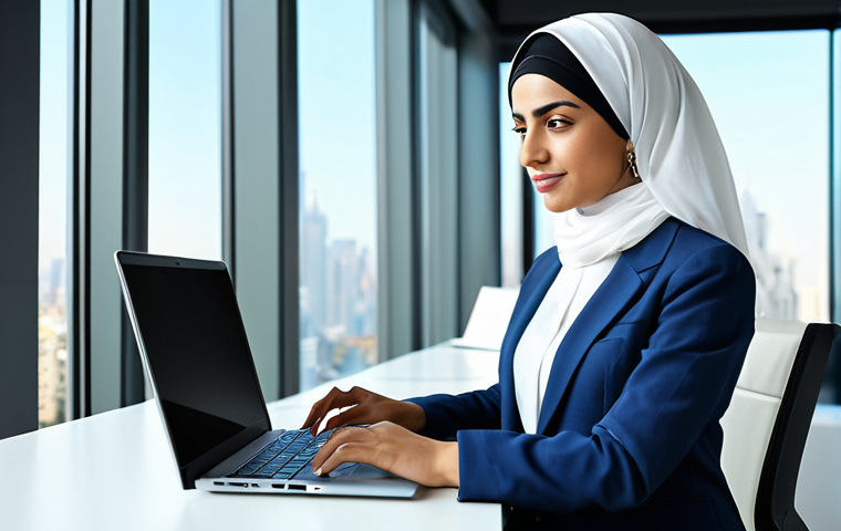 Modern Professional**

"A successful Arab businesswoman in a modern, tailored business suit, working on a laptop in a bright, contemporary office with city views. Fully clothed, modest professional attire, safe for work, perfect anatomy, natural pose, high-resolution, professional photography, appropriate content."

**