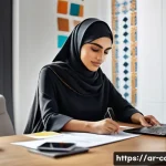 Home 20 신용카드 이용 시 절세 방법 - A modern Arab professional woman sitting at a sleek desk in a stylish home office, reviewing credit ...