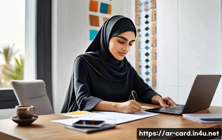 신용카드 이용 시 절세 방법 - A modern Arab professional woman sitting at a sleek desk in a stylish home office, reviewing credit ...