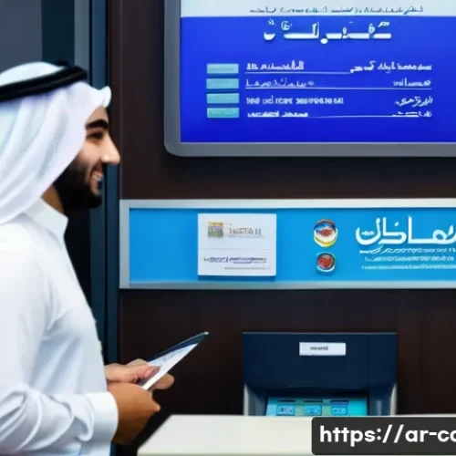 Home 31 체크카드로 대출 신청 - A modern Middle Eastern bank interior with Arabic signage, featuring a friendly bank teller assistin...