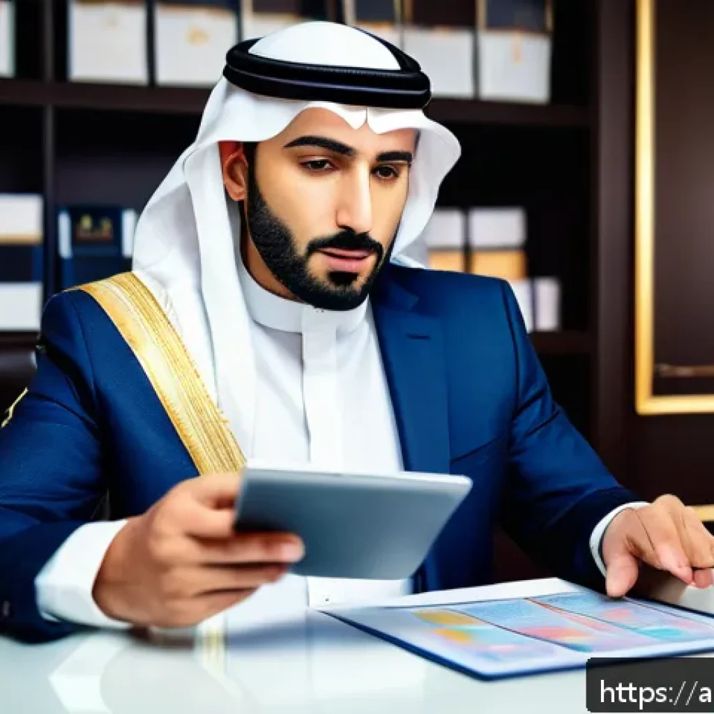 신용카드 연회비 비교 - A sophisticated Middle Eastern businessman seated at a modern desk reviewing credit card options on ...