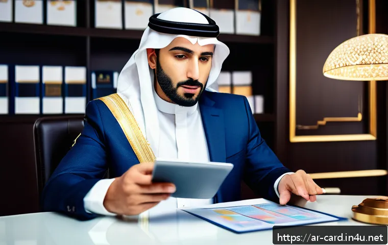 신용카드 연회비 비교 - A sophisticated Middle Eastern businessman seated at a modern desk reviewing credit card options on ...