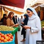체크카드 캐시백 혜택 - A modern Middle Eastern family shopping in a bustling souk, vibrant market stalls with colorful text...