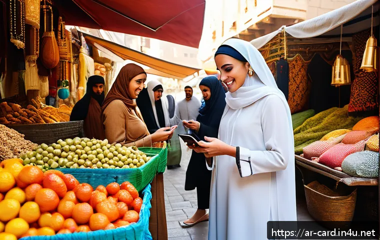 체크카드 캐시백 혜택 - A modern Middle Eastern family shopping in a bustling souk, vibrant market stalls with colorful text...