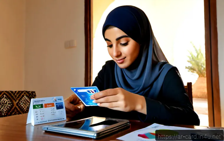 체크카드 소비 분석 기능 - Photorealistic Arab woman in modest elegant clothing and headscarf seated at a tidy sunlit home desk...