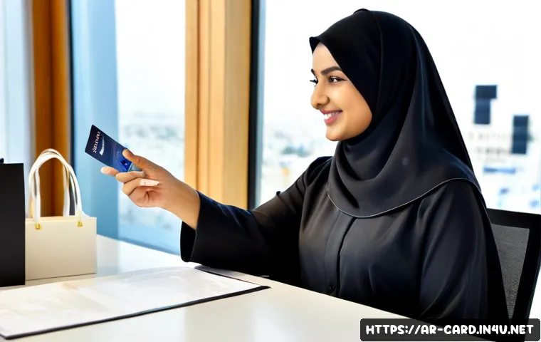 신용카드 신규 가입 이벤트 - Photorealistic modern bank consultation scene in a Gulf Arab city, an adult Arab woman wearing an el...