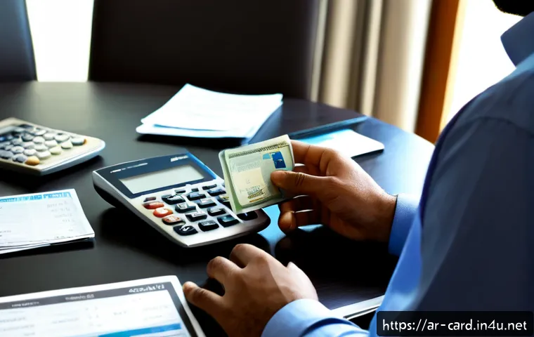 카드 리볼빙 서비스 활용법 - Photorealistic financial planning scene in a modern Gulf Arab home office, an adult Arab man in mode...