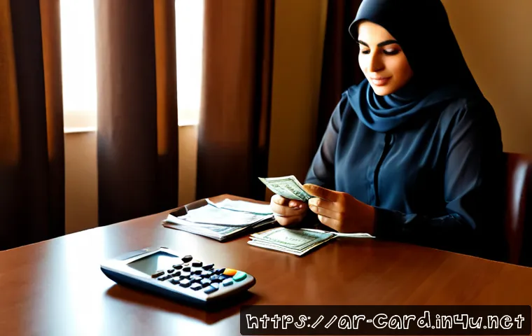 신용카드 현금서비스 이용 팁 - Photorealistic financial planning scene in a modern Middle Eastern home, an Arab adult in modest sma...